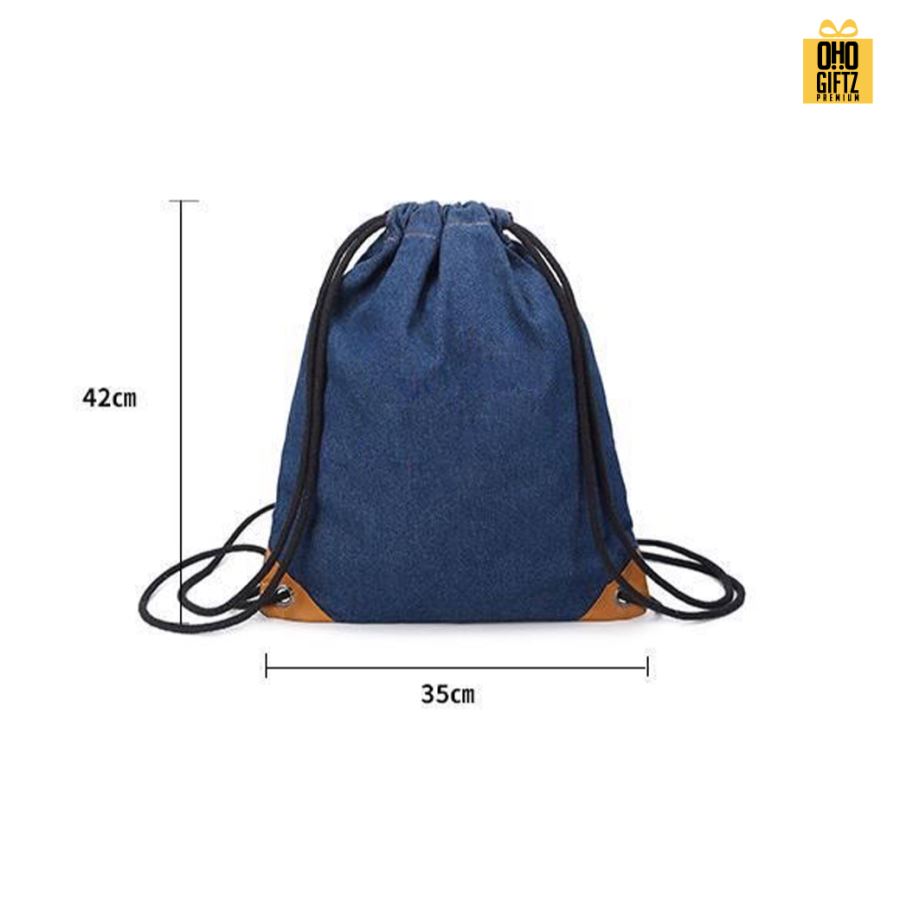 เป้ยีนส์สะพายหลังหูเชือก สกรีนโลโก้ ทำเป็นของพรีเมี่ยมได้