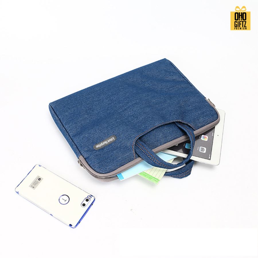 กระเป๋าใส่  Notebook ผ้ายีนส์สุดเท่ สกรีนโลโก้ ทำเป็นของพรีเมี่ยม ของที่ระลึก