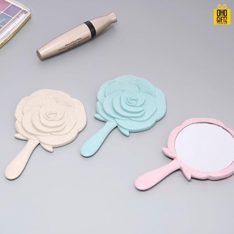 กระจกพกพาทรงดอกกุหลาบ สกรีนชื่อ สกรีนโลโก้  ทำเป็นของพรีเมี่ยมได้