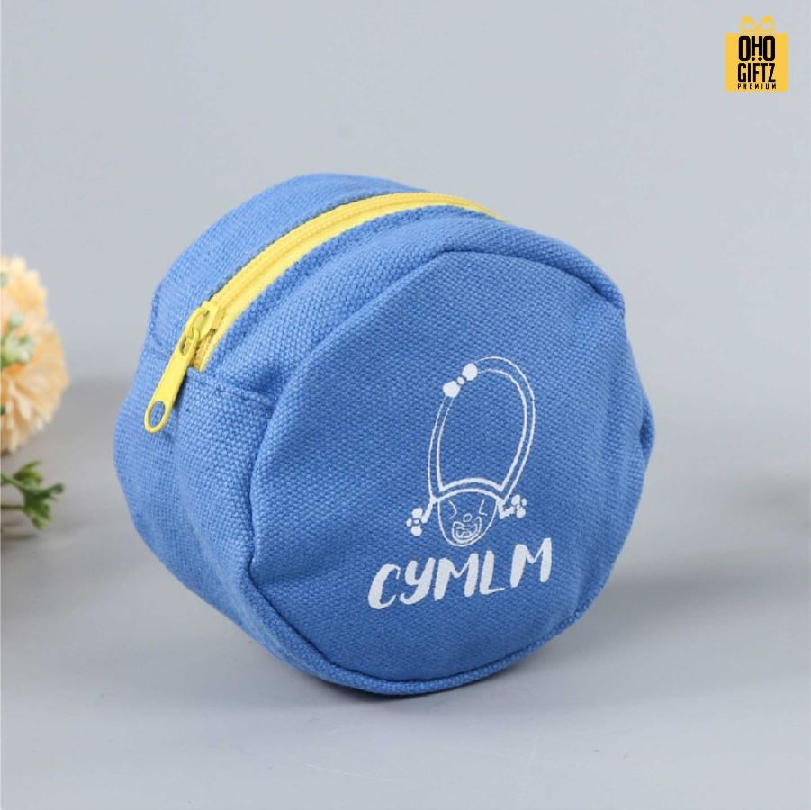 กระเป๋าใส่เหรียญทรงกลม พิมพ์ไม่จำกัดสี สกรีนโลโก้ ทำเป็นของพรีเมี่ยมได้