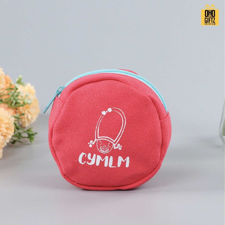 กระเป๋าใส่เหรียญทรงกลม พิมพ์ไม่จำกัดสี สกรีนโลโก้ ทำเป็นของพรีเมี่ยมได้