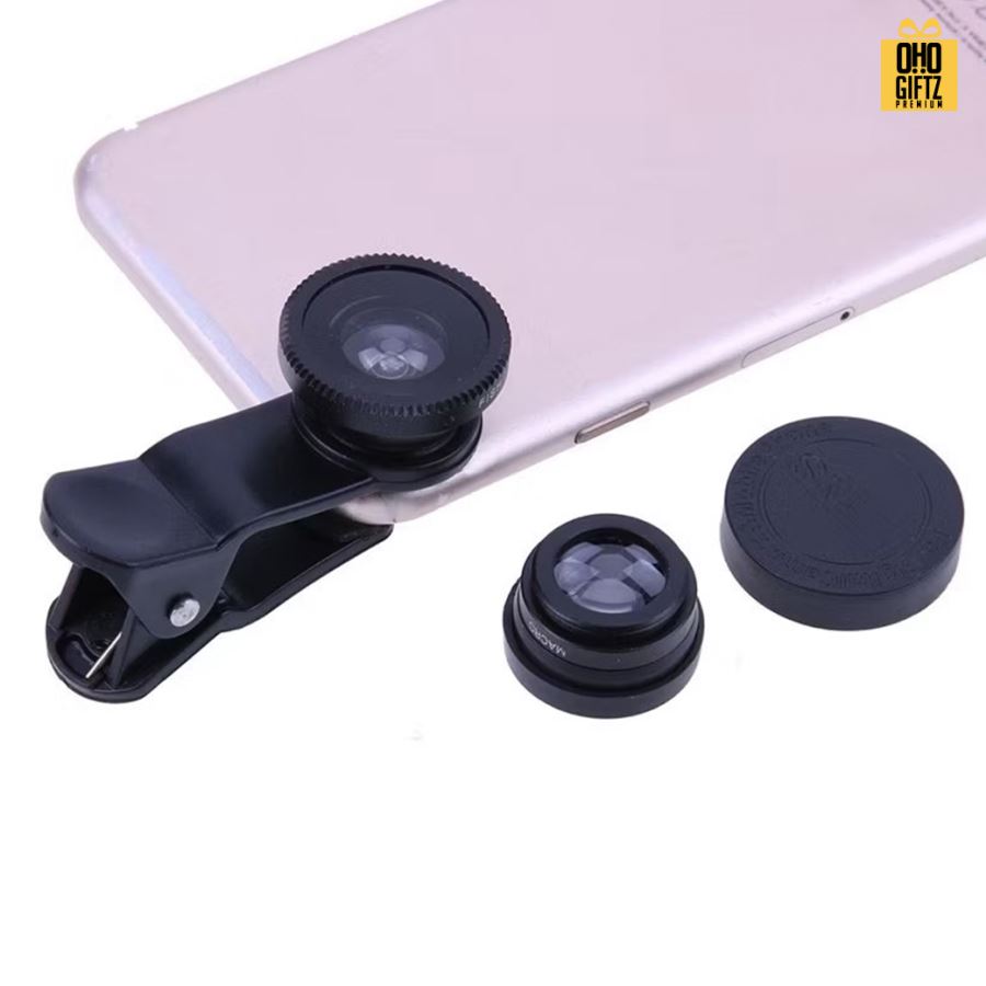 คลิปหนีบเลนส์ Fisheye และ  Macro สำหรับมือถือพร้อมถุงใส่ 1 ชุดมีเลนส์ 2 ชิ้น สกรีนโลโก้ ทำเป็นของพรีเมี่ยมได้