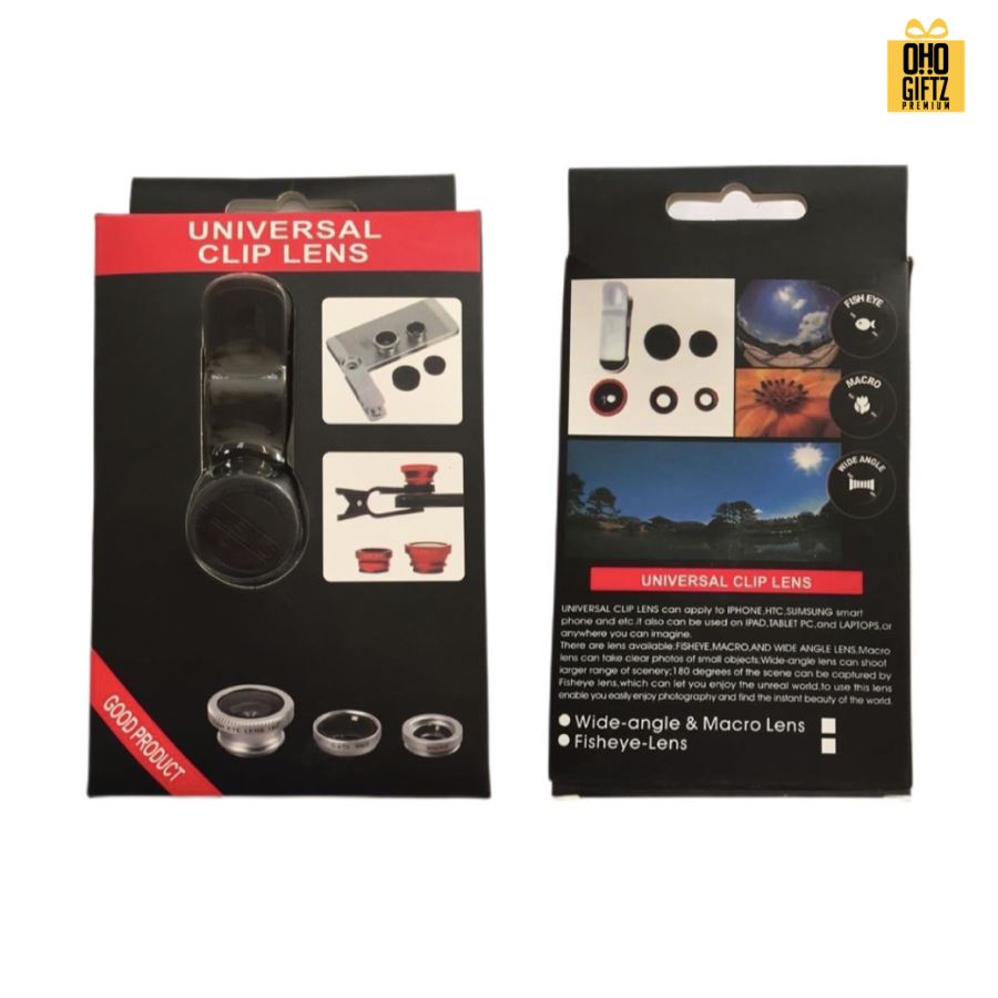 คลิปหนีบเลนส์ Fisheye และ  Macro สำหรับมือถือพร้อมถุงใส่ 1 ชุดมีเลนส์ 2 ชิ้น สกรีนโลโก้ ทำเป็นของพรีเมี่ยมได้