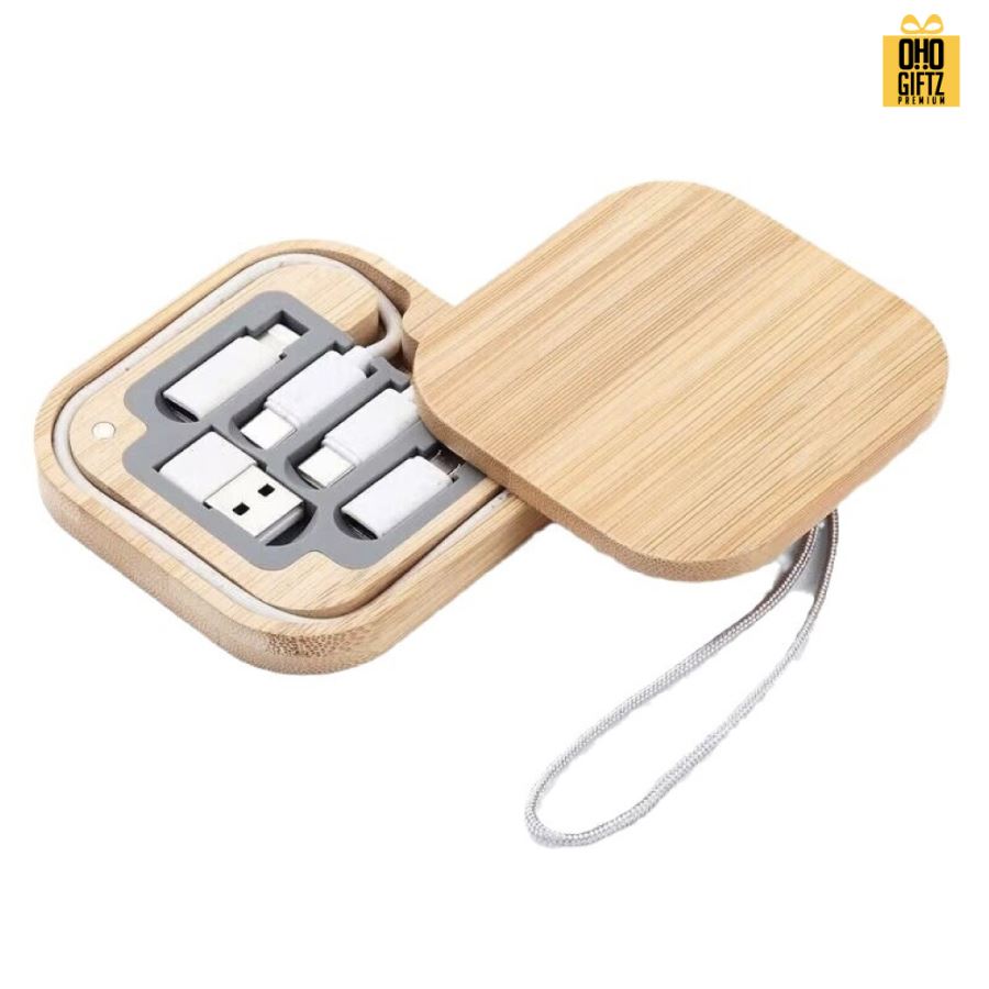 ชุดสายชาร์จตลับไม้ สกรีนชื่อ,โลโก้ ทำเป็นของพรีเมี่ยมได้