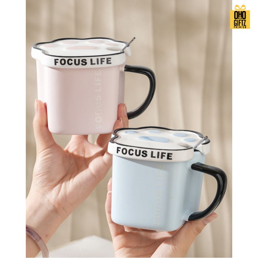 แก้วเซรามิคฝาปิดเท้าแมว สกรีนชื่อ สกรีนโลโก้ ทำเป็นของพรีเมี่ยมได้