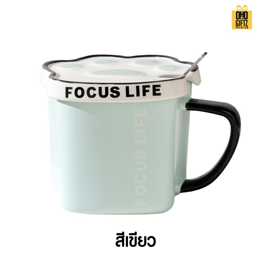 แก้วเซรามิคฝาปิดเท้าแมว สกรีนชื่อ สกรีนโลโก้ ทำเป็นของพรีเมี่ยมได้