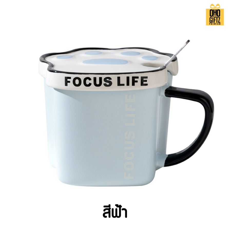 แก้วเซรามิคฝาปิดเท้าแมว สกรีนชื่อ สกรีนโลโก้ ทำเป็นของพรีเมี่ยมได้