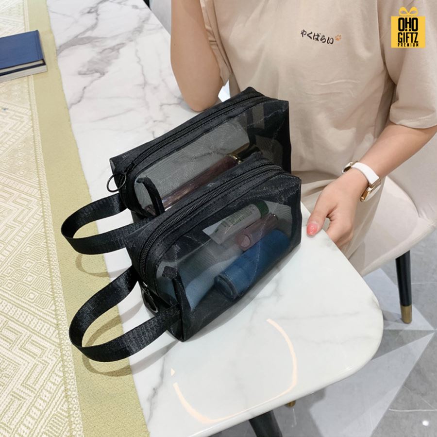 กระเป๋าใส่เครื่องสำอางตาข่าย สกรีนโลโก้  ทำเป็นของพรีเมี่ยมได้