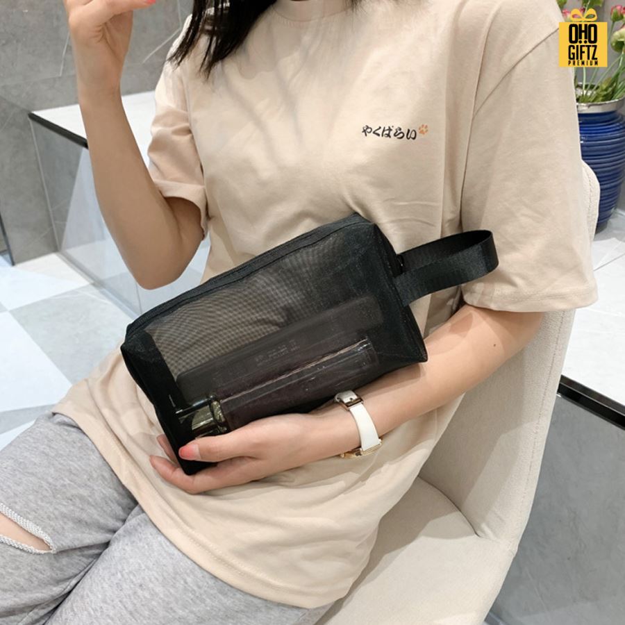 กระเป๋าใส่เครื่องสำอางตาข่าย สกรีนโลโก้  ทำเป็นของพรีเมี่ยมได้