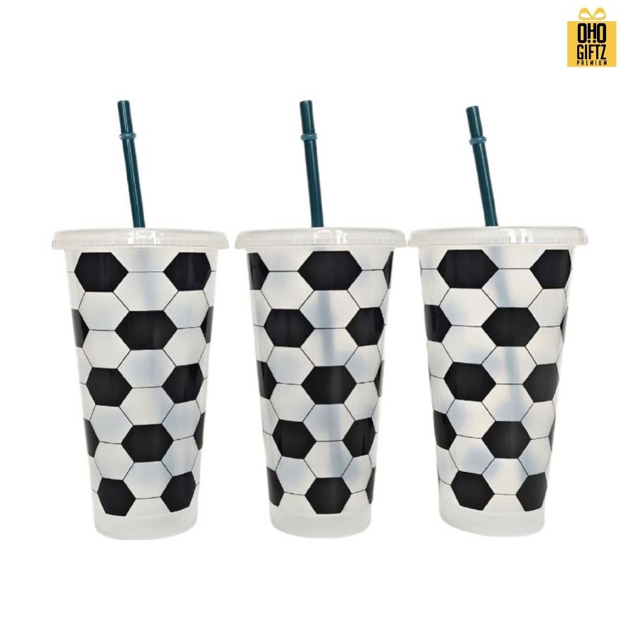 แก้ว PP ลายฟุตบอลพร้อมหลอด สกรีนโลโก้ ทำเป็นของพรีเมี่ยมได้