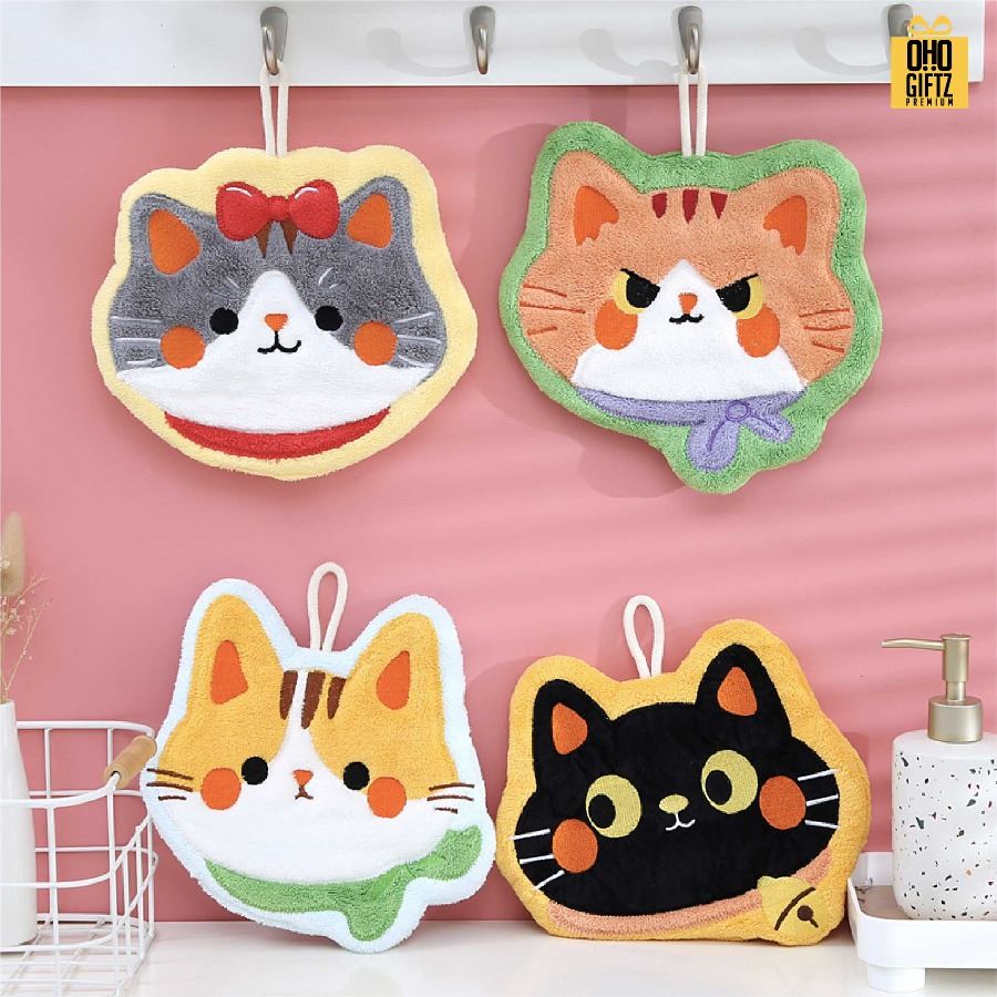 ผ้าเช็ดมือลายน้องแมว สกรีนโลโก้ ติดลาเบล ทำเป็นของพรีเมี่ยมได้