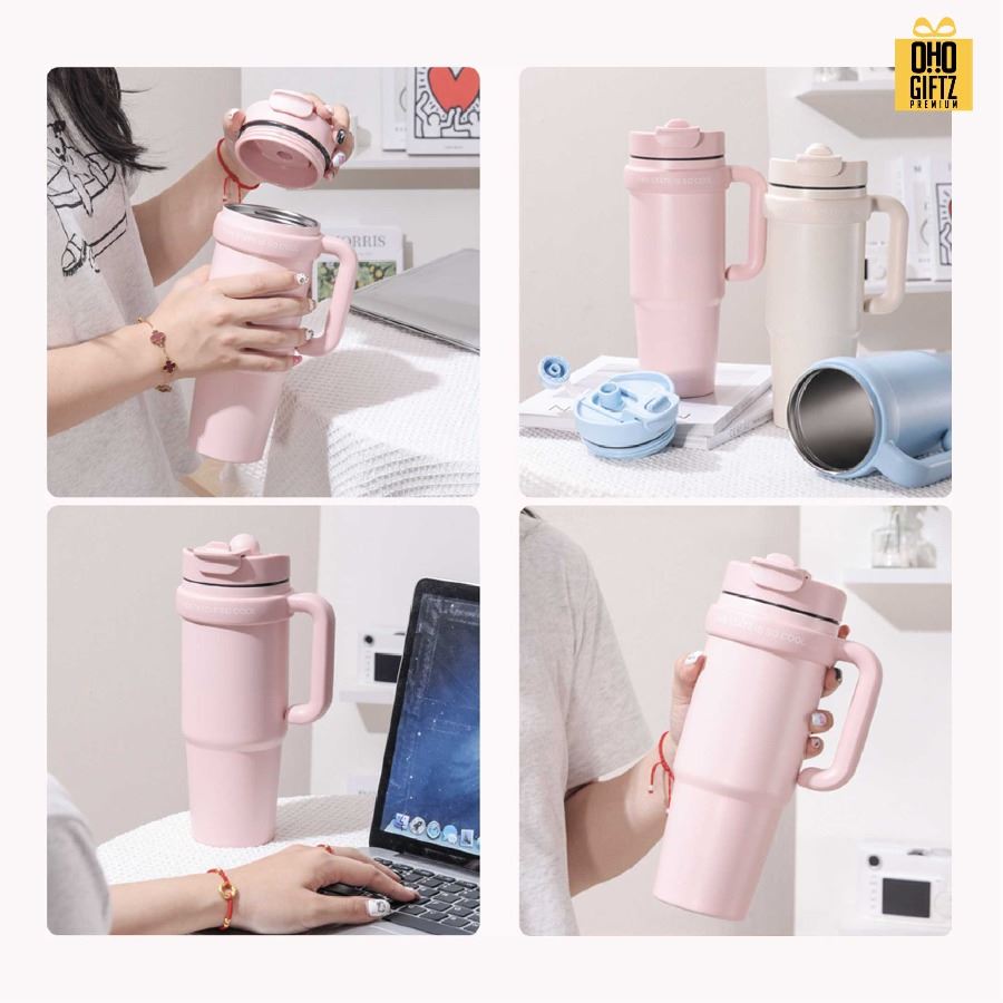 แก้วน้ำสแตนเลสใส่ช่องรถยนต์มีหูถือ สกรีนโลโก้ ทำเป็นของพรีเมี่ยมได้