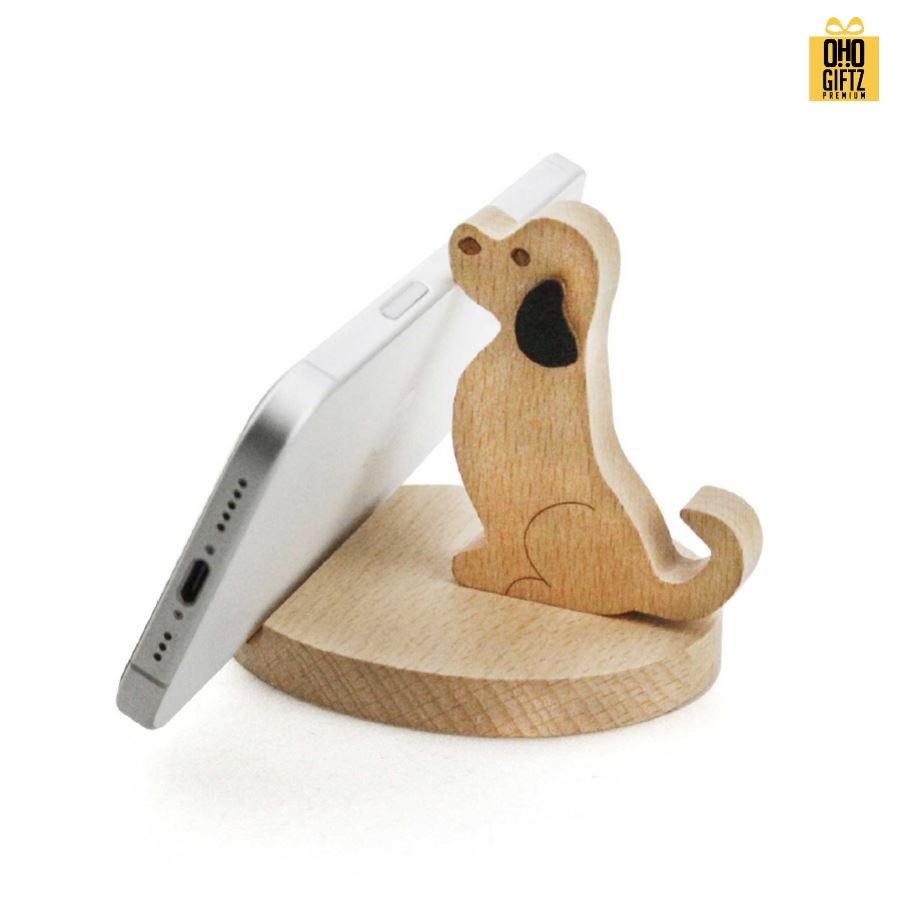 ที่วางมือถือไม้รูปสุนัข สกรีนโลโก้ ทำเป็นของพรีเมี่ยมได้