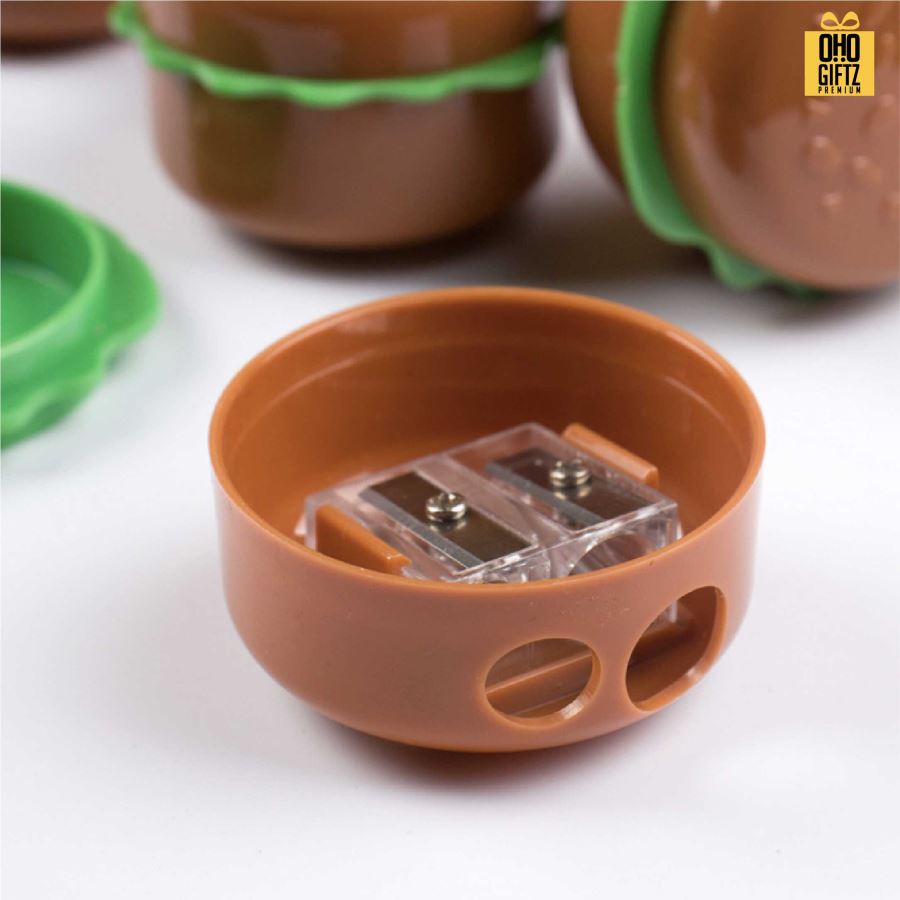 กบเหลาดินสอแฮมเบอร์เกอร์ ช่องเหลาคู่ สกรีนโลโก้ ทำเป็นของพรีเมี่ยมได้