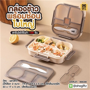 กล่องข้าวพร้อมช้อน ใบใหญ่ สกรีนโลโก้ ทำเป็นของพรีเมี่ยมได้