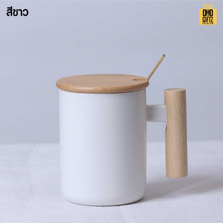 แก้วเซรามิกหูจับไม้ สกรีนชื่อ สกรีนโลโก้ ทำเป็นของพรีเมี่ยมได้