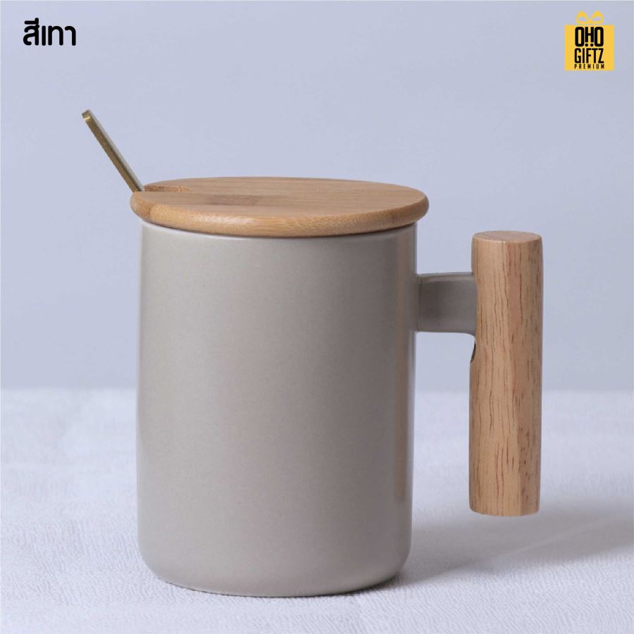 แก้วเซรามิกหูจับไม้ สกรีนชื่อ สกรีนโลโก้ ทำเป็นของพรีเมี่ยมได้