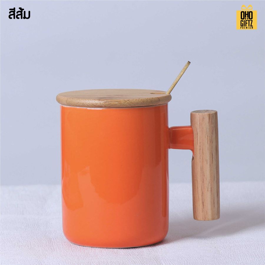 แก้วเซรามิกหูจับไม้ สกรีนชื่อ สกรีนโลโก้ ทำเป็นของพรีเมี่ยมได้