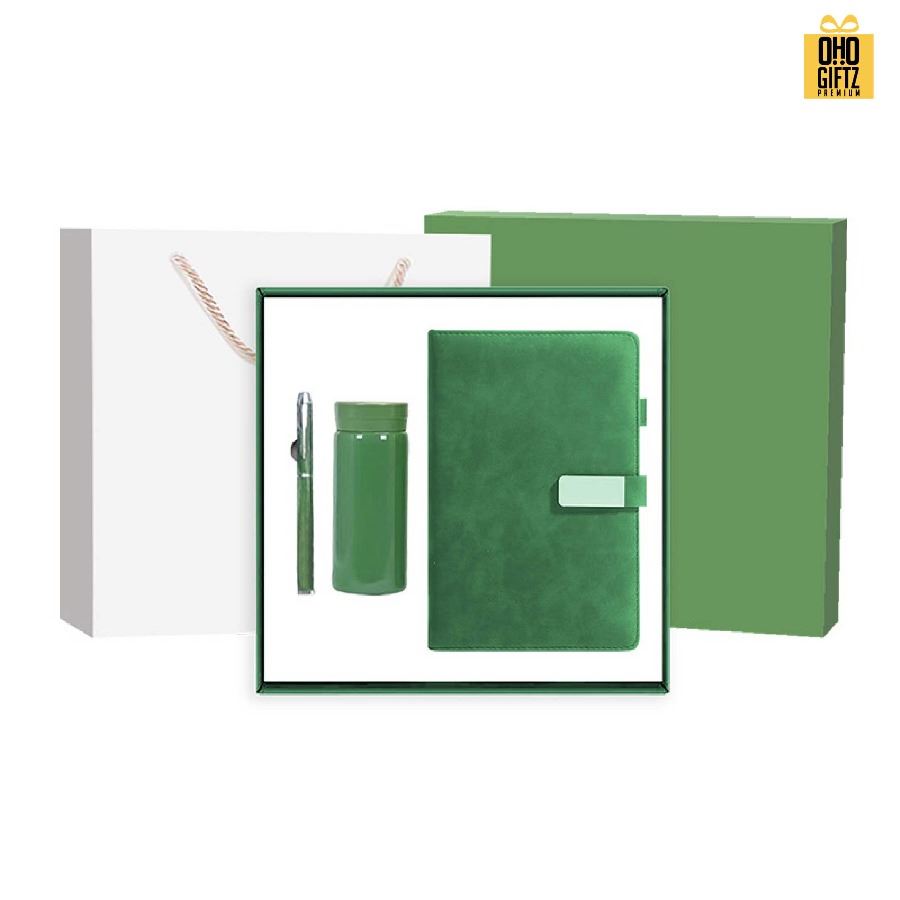 ชุดเซ็ทของขวัญสมุด กระบอก ปากกา สีเขียว สกรีนโลโก้ ทำเป็นของพรีเมี่ยม ของชำร่วย