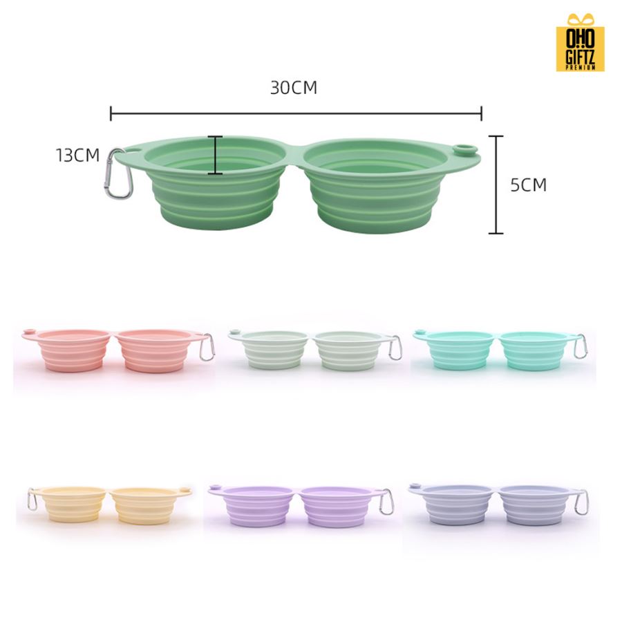 ชามซิลิโคนพับได้ ใส่อาหาร น้ำ สัตว์เลี้ยงแบบถ้วยคู่ สกรีนโลโก้ ทำเป็นของพรีเมี่ยม