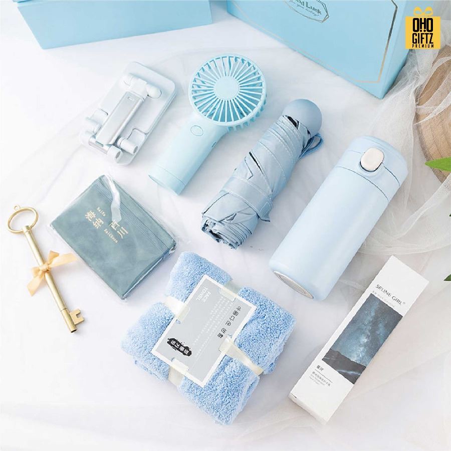 ชุดของขวัญโทนสีฟ้า สกรีนโลโก้ ทำเป็นของพรีเมี่ยม ของชำร่วย