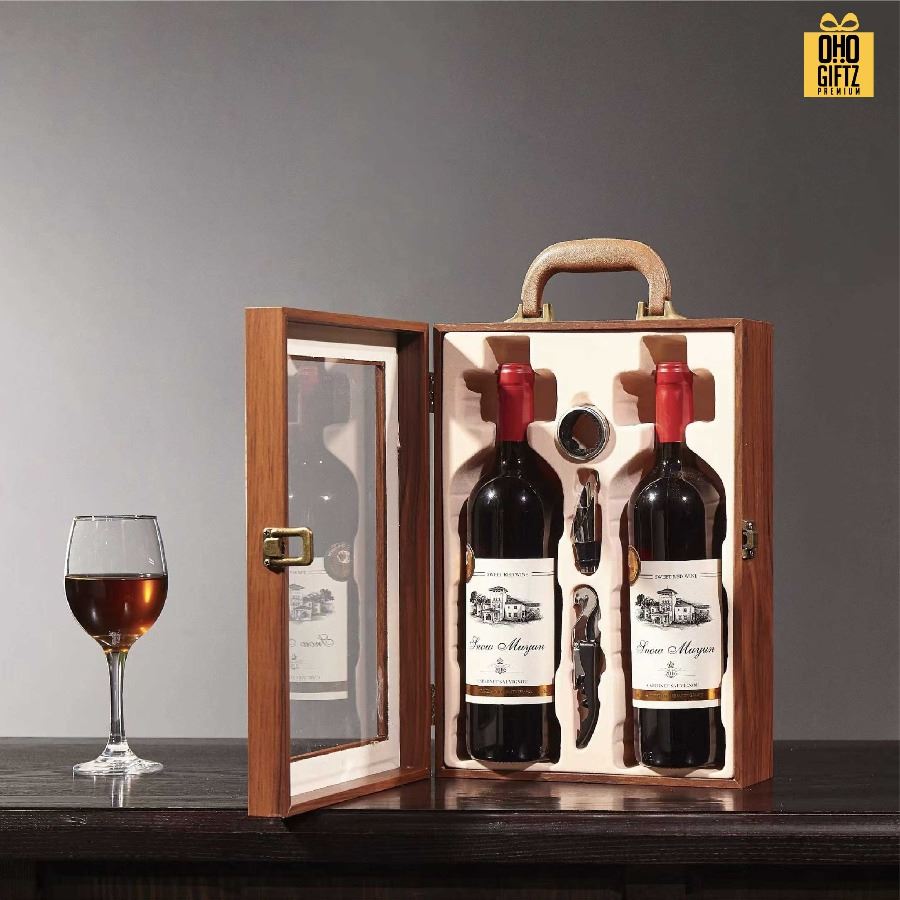 กล่องใส่ไวน์ + ที่เปิดขวดไวน์ (แบบ 2 ขวด) สกรีนโลโก้ ทำเป็นของพรีเมี่ยม 