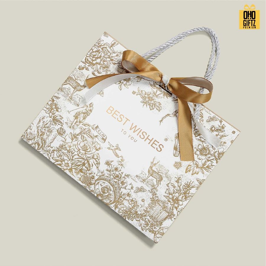 ถุงกระดาษสีทองสวยหรู สกรีนโลโก้ ทำเป็นของพรีเมี่ยมได้