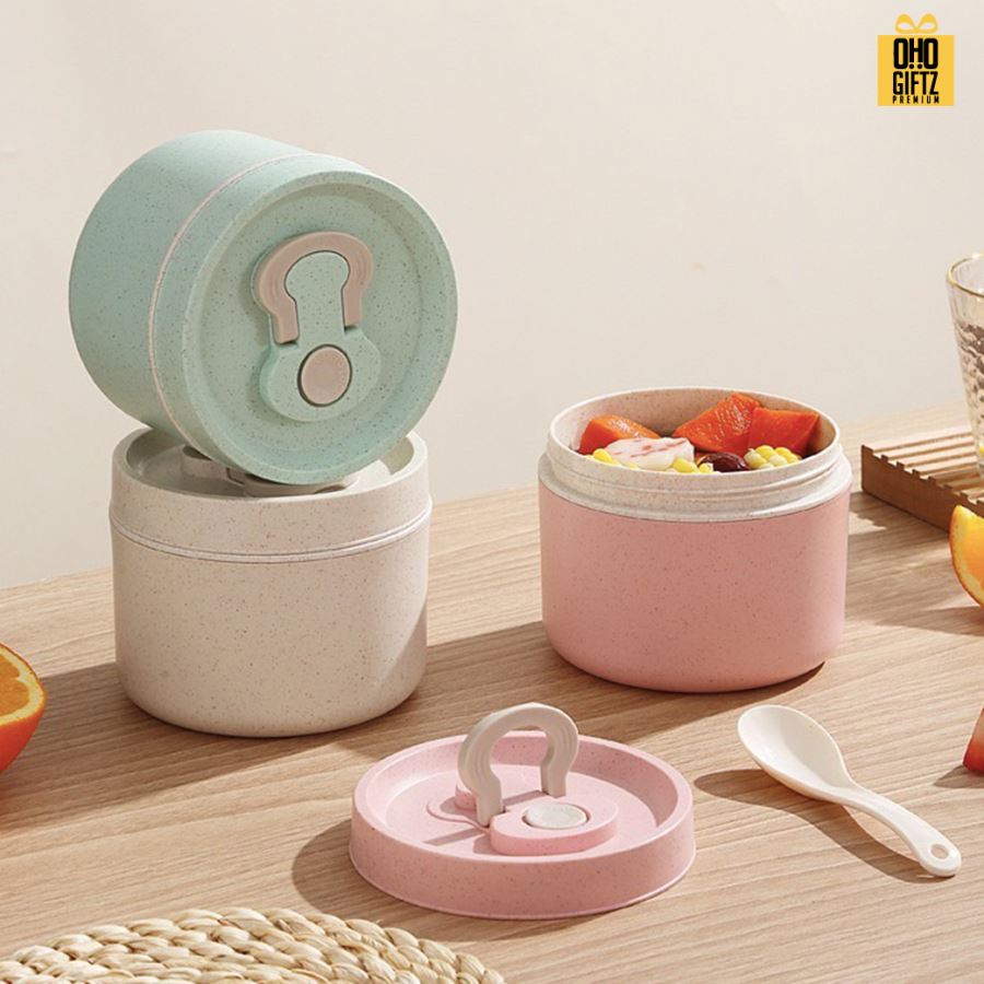 กล่องข้าวทรงกลม ผลิตจากวัสดุฟางข้าว สกรีนชื่อ สกรีนโลโก้ ทำเป็นของพรีเมี่ยมได้