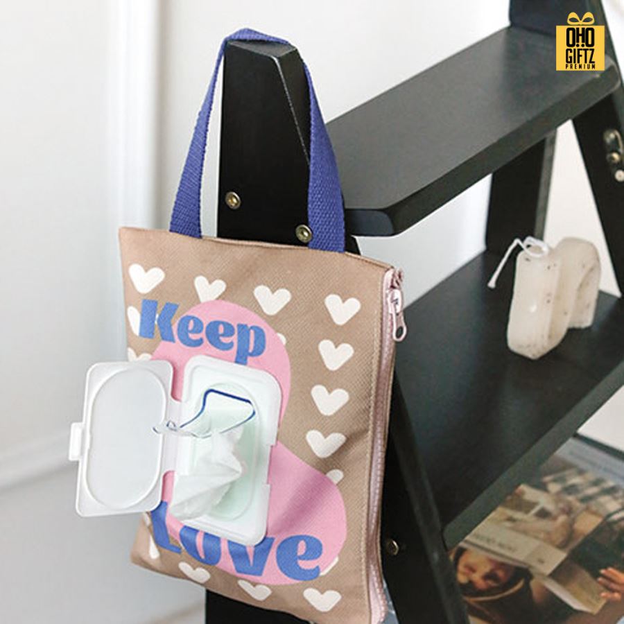 กระเป๋าผ้าใส่กล่องทิชชู่เปียกแบบแขวน น่ารัก สกรีนโลโก้ ทำเป็นของพรีเมี่ยมได้