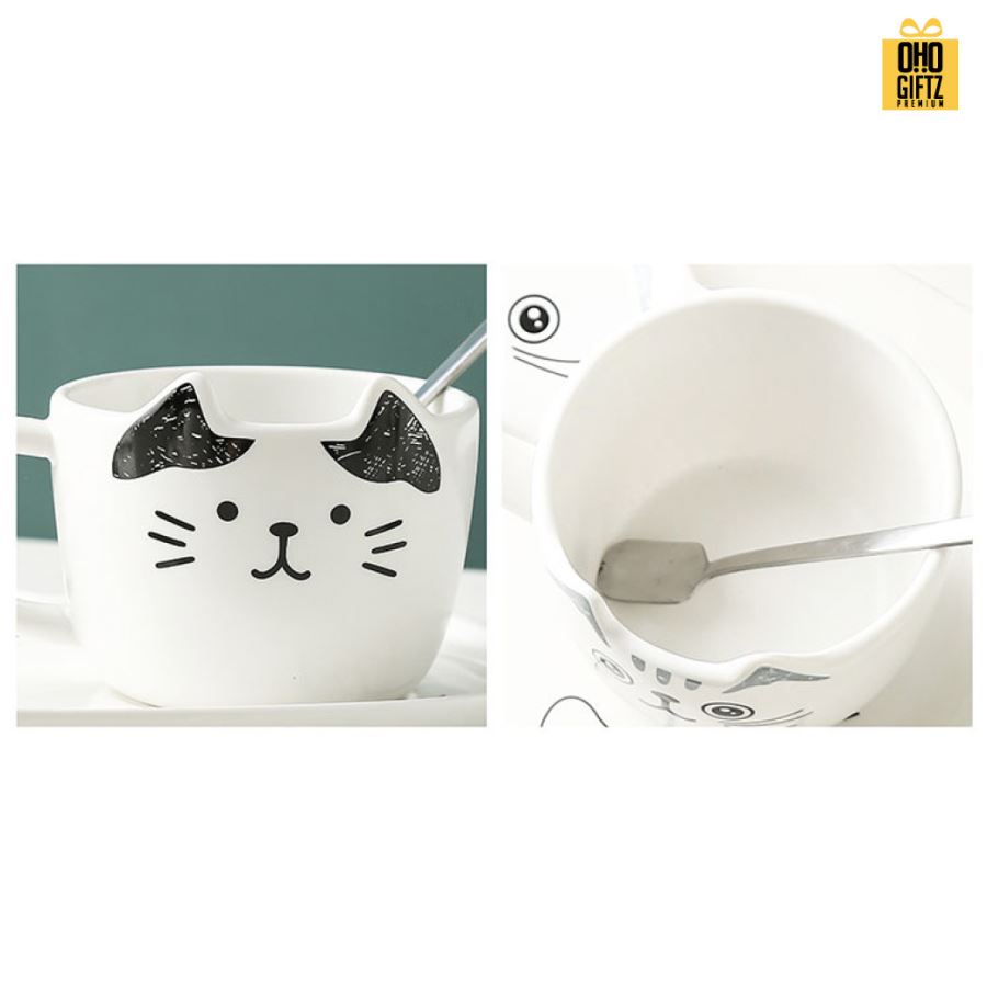 ชุดถ้วยชากาแฟแมวเมี๊ยวพร้อมจานรอง สกรีนชื่อ สกรีนโลโก้ ทำเป็นของพรีเมี่ยมได้