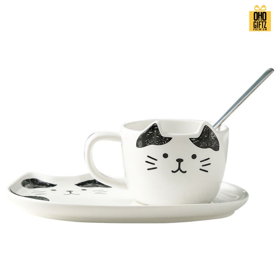 ชุดถ้วยชากาแฟแมวเมี๊ยวพร้อมจานรอง สกรีนชื่อ สกรีนโลโก้ ทำเป็นของพรีเมี่ยมได้