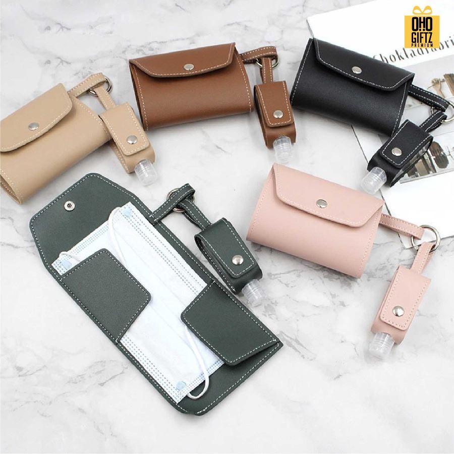 ซองหนัง PU เก็บหน้ากากอนามัยและปลอกขวดเจลแอลกอฮอล์ สกรีนชื่อ สกรีนโลโก้ ทำเป็นของพรีเมี่ยมได้ 