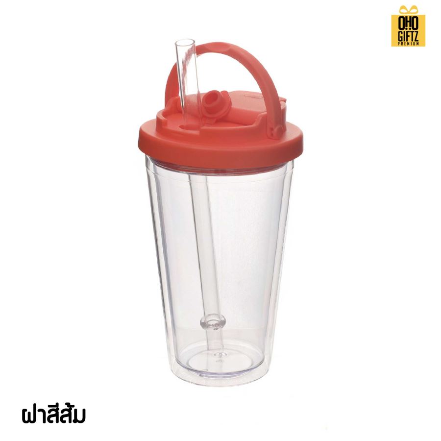 แก้วพลาสติกทรงกรวย 16oz พร้อมหลอดดูดในตัว สกรีนโลโก้ ทำเป็นของพรีเมี่ยมได้