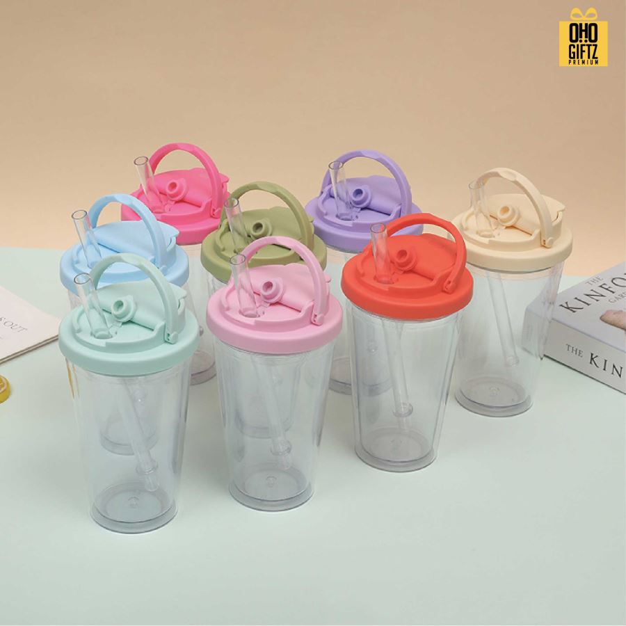 แก้วพลาสติกทรงกรวย 16oz พร้อมหลอดดูดในตัว สกรีนโลโก้ ทำเป็นของพรีเมี่ยมได้