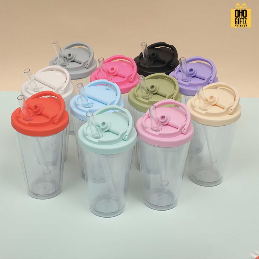 แก้วพลาสติกทรงกรวย 16oz พร้อมหลอดดูดในตัว สกรีนโลโก้ ทำเป็นของพรีเมี่ยมได้