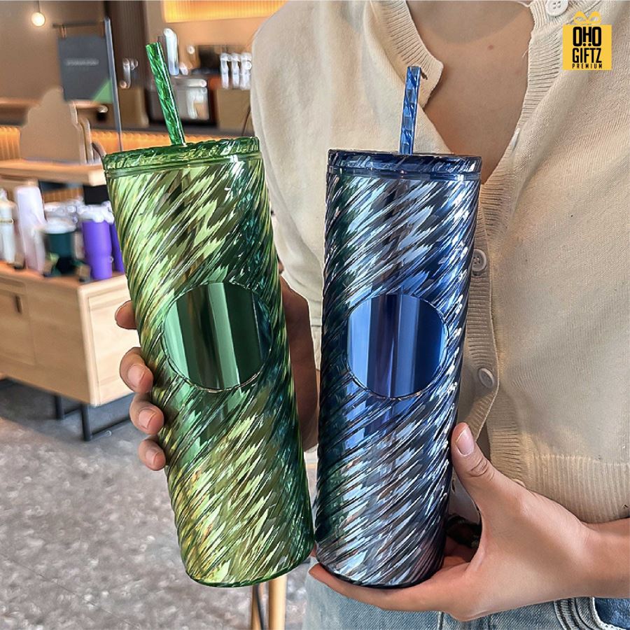 กระบอกน้ำพลาสติก 2 ชั้น พร้อมหลอด สกรีนโลโก้ ทำเป็นของพรีเมี่ยมได้