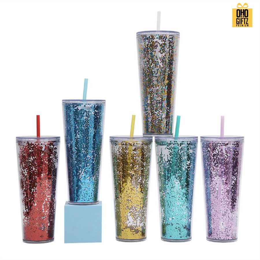 แก้วน้ำพลาสติก 2 ชั้น กากเพชร สกรีนโลโก้ ทำเป็นของพรีเมี่ยมได้