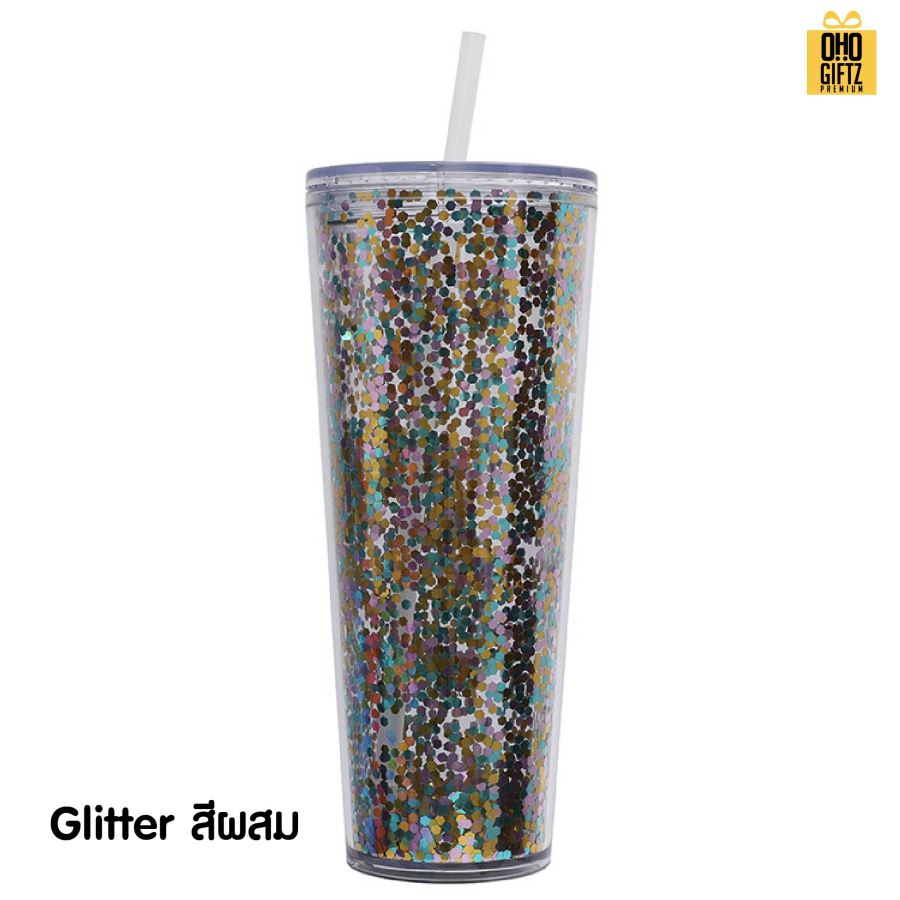 แก้วน้ำพลาสติก 2 ชั้น กากเพชร สกรีนโลโก้ ทำเป็นของพรีเมี่ยมได้