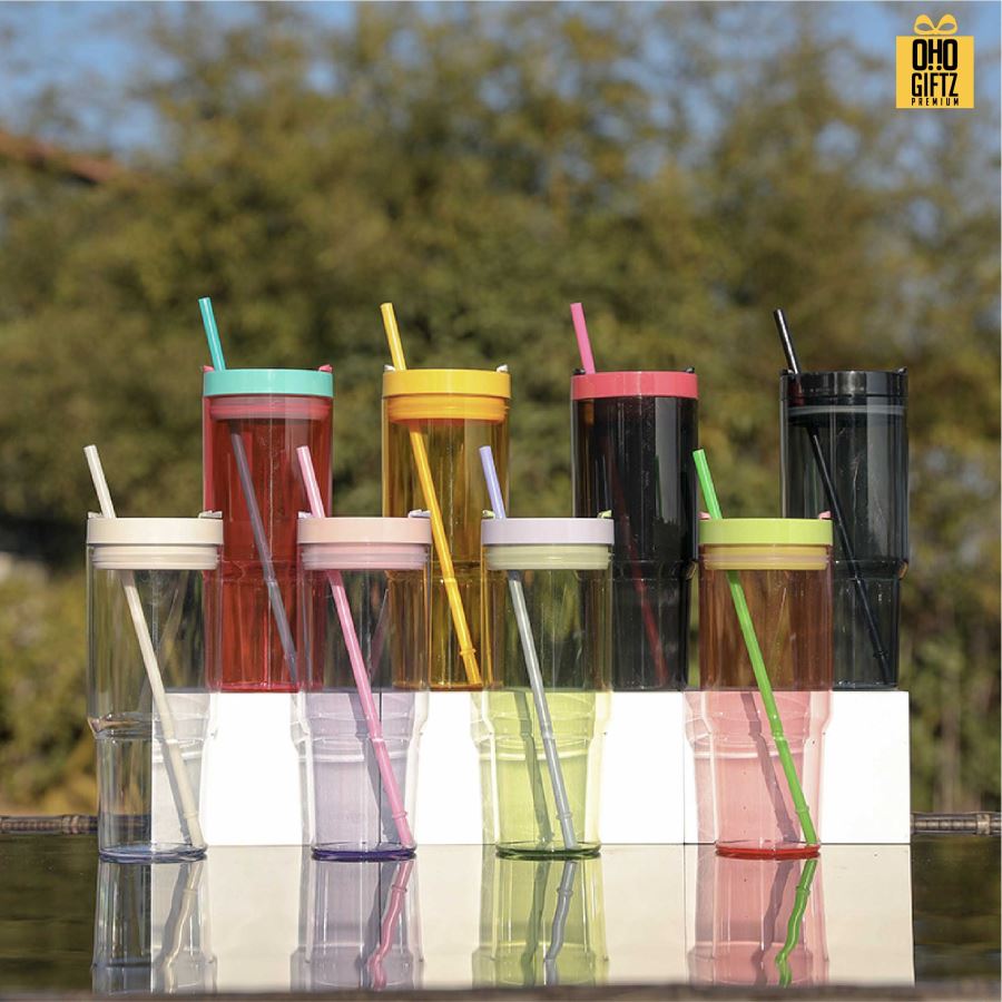 แก้วพลาสติกขนาดใหญ่พร้อมหลอด สกรีนโลโก้ ทำเป็นของพรีเมี่ยมได้