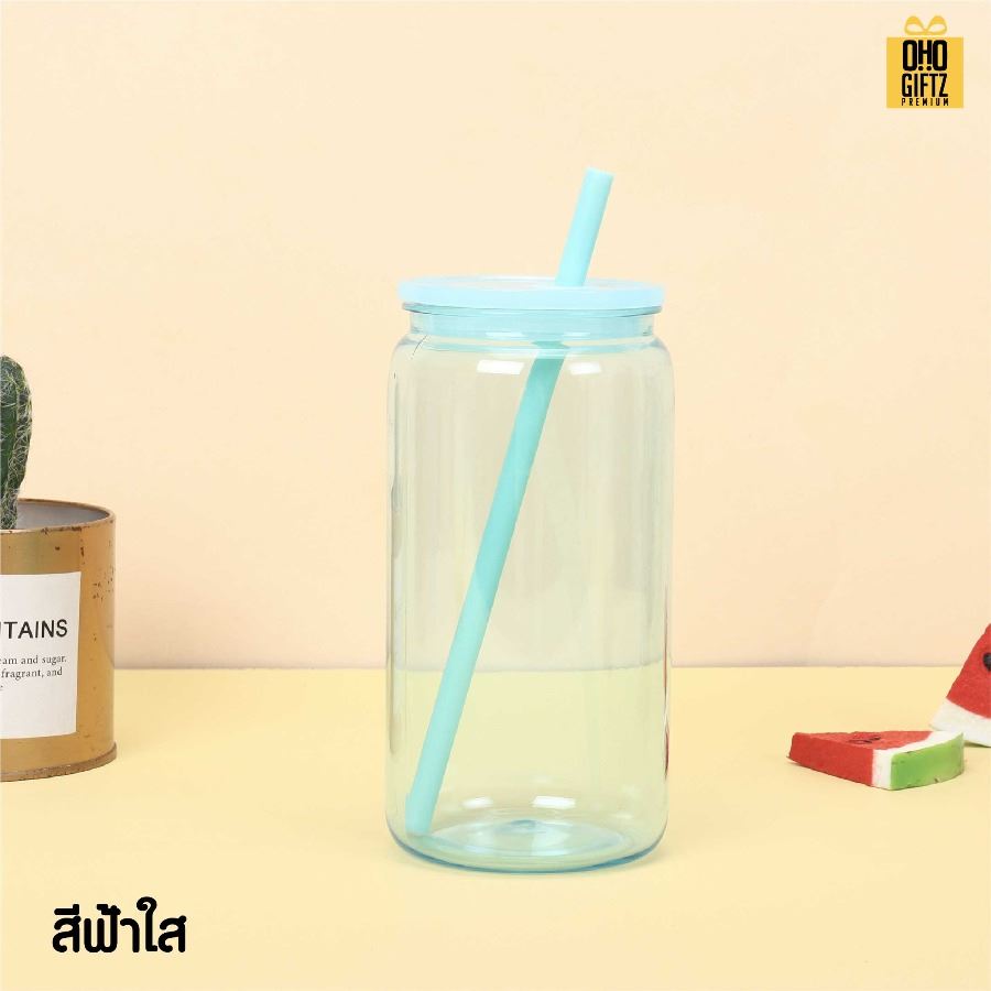 ถ้วยน้ำพลาสติก สีสวย พร้อมหลอด สกรีนโลโก้ ทำเป็นของพรีเมี่ยมได้