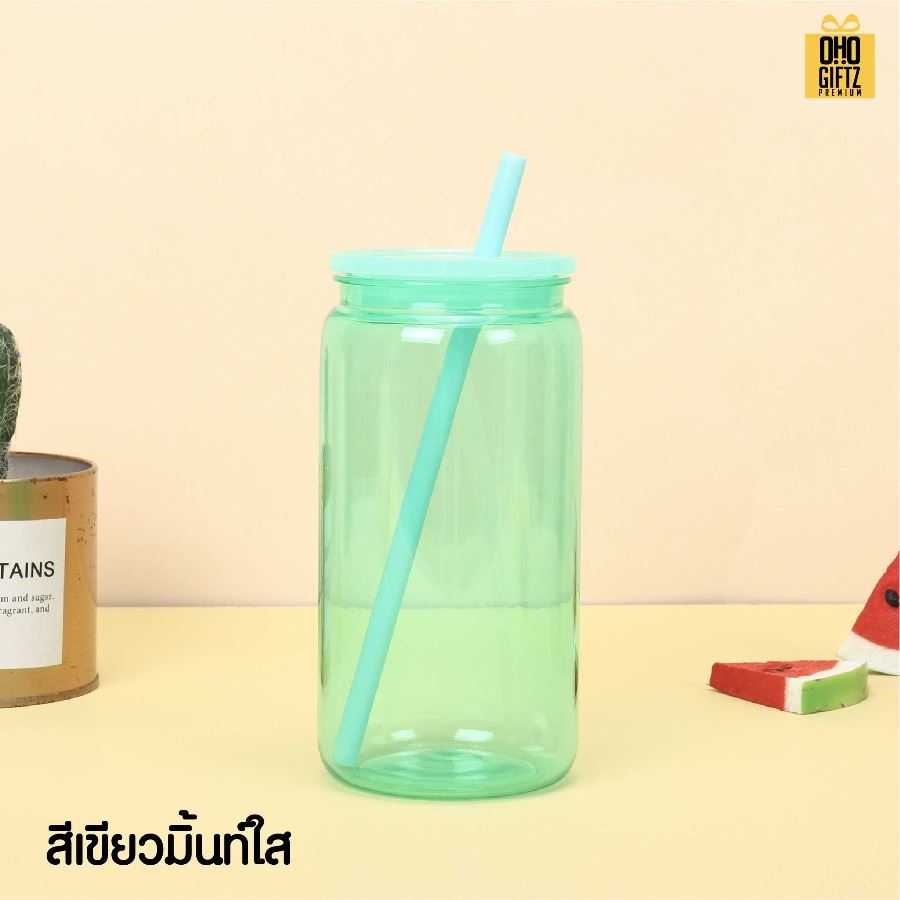 ถ้วยน้ำพลาสติก สีสวย พร้อมหลอด สกรีนโลโก้ ทำเป็นของพรีเมี่ยมได้