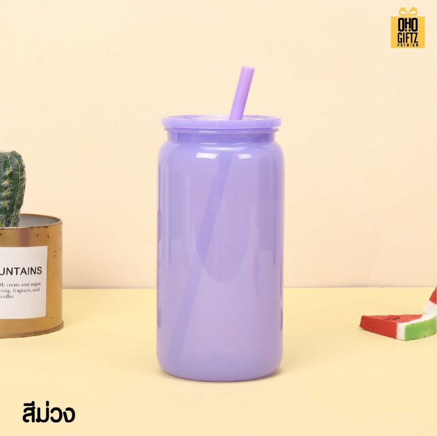 ถ้วยน้ำพลาสติก สีสวย พร้อมหลอด สกรีนโลโก้ ทำเป็นของพรีเมี่ยมได้