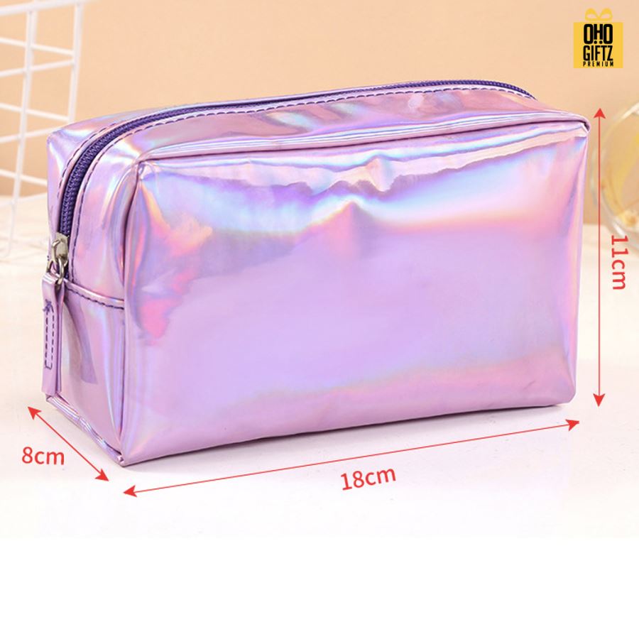 กระเป๋าเครื่องสำอางสีเลื่อมเลเซอร์ สกรีนโลโก้  ทำเป็นของพรีเมี่ยมได้