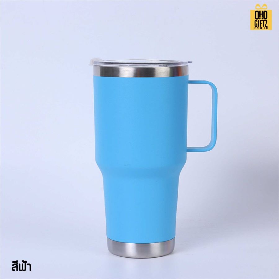 แก้วสแตนเลสเก็บความเย็นมีหู สกรีนโลโก้ ทำเป็นของพรีเมี่ยมได้