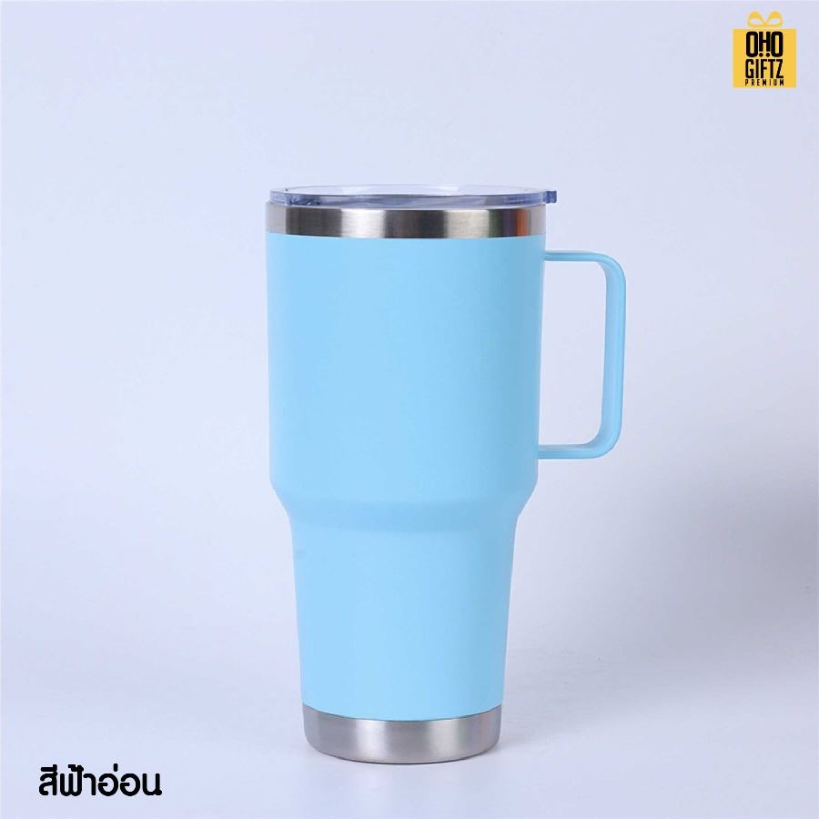 แก้วสแตนเลสเก็บความเย็นมีหู สกรีนโลโก้ ทำเป็นของพรีเมี่ยมได้