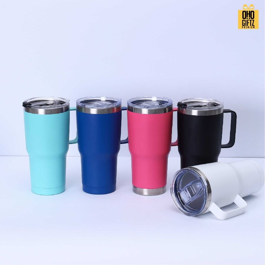 แก้วสแตนเลสเก็บความเย็นมีหู สกรีนโลโก้ ทำเป็นของพรีเมี่ยมได้