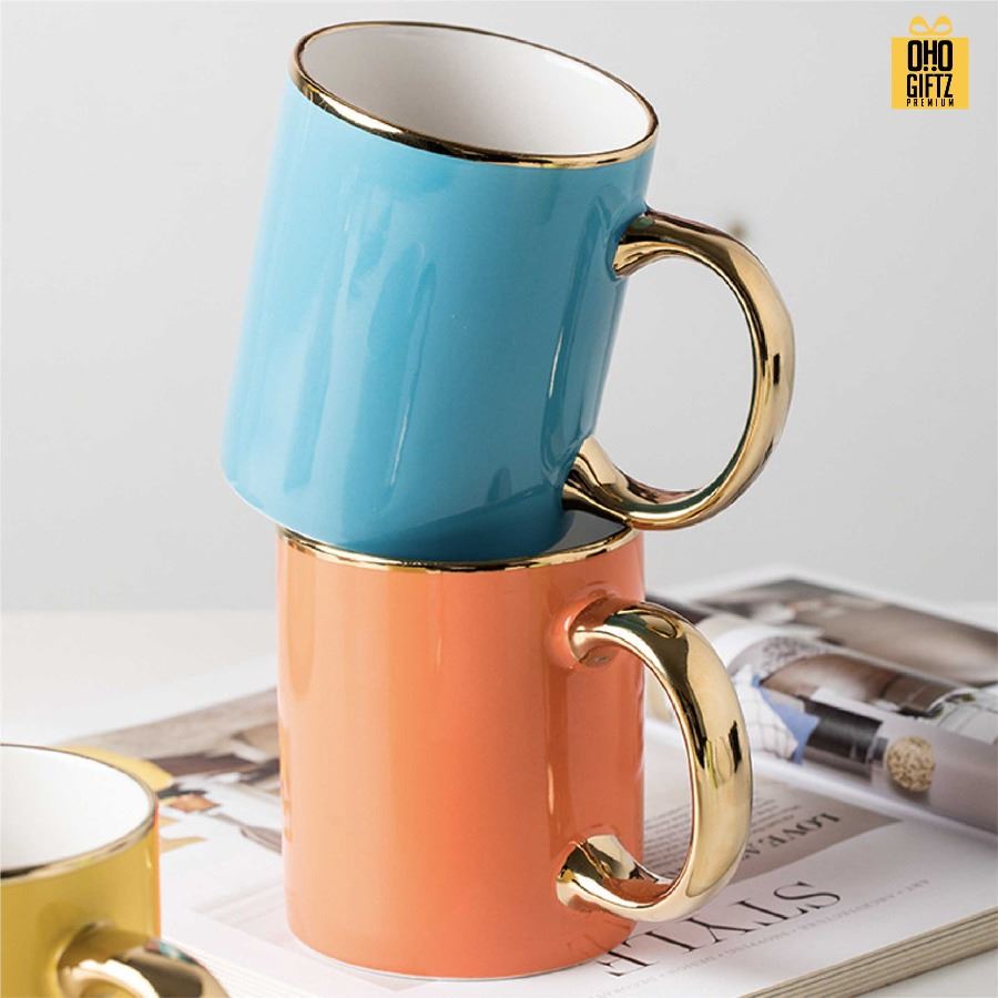 แก้วเซรามิคขอบปากและหูสีทอง สกรีนชื่อ สกรีนโลโก้ ทำเป็นของพรีเมี่ยมได้