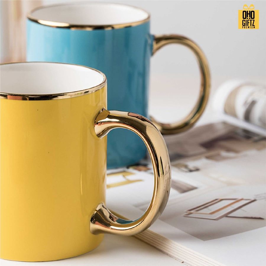 แก้วเซรามิคขอบปากและหูสีทอง สกรีนชื่อ สกรีนโลโก้ ทำเป็นของพรีเมี่ยมได้