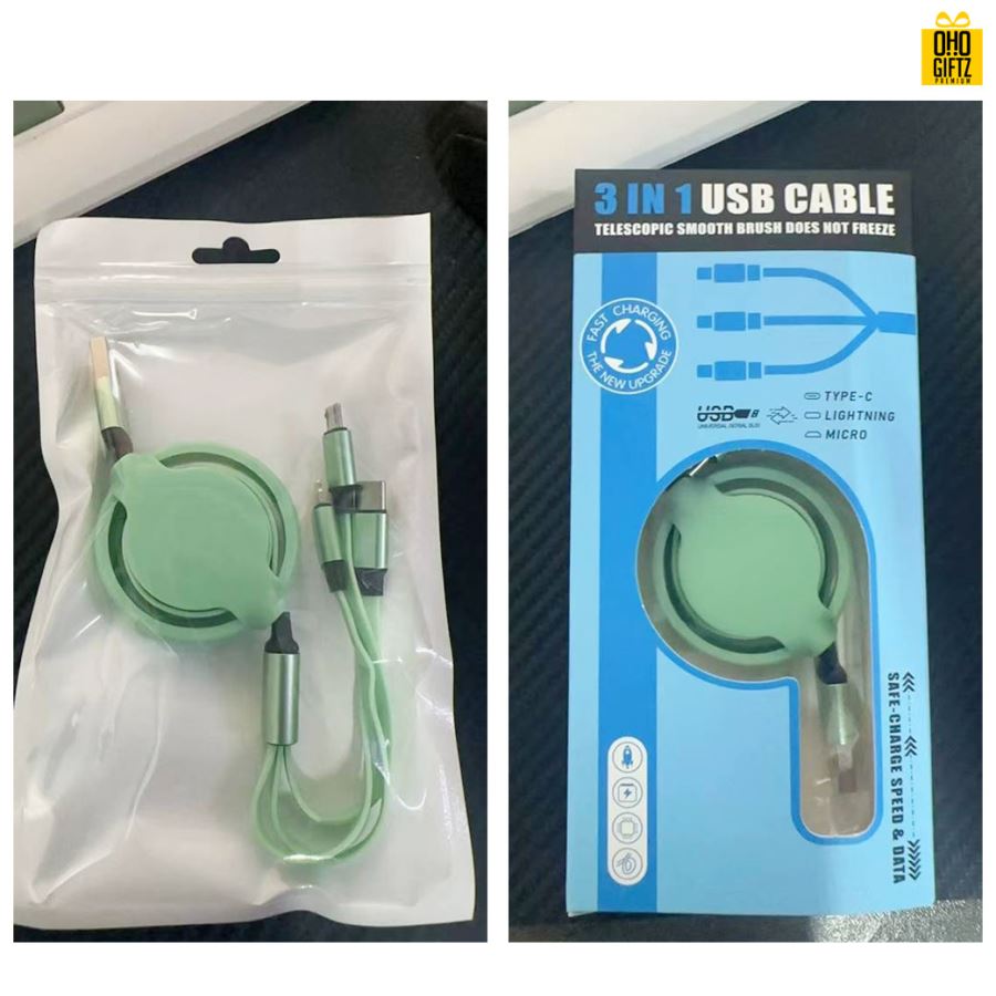 สายชาร์จ USB 3in1 ยืดหดได้ สกรีนชื่อ,โลโก้ ทำเป็นของพรีเมี่ยมได้