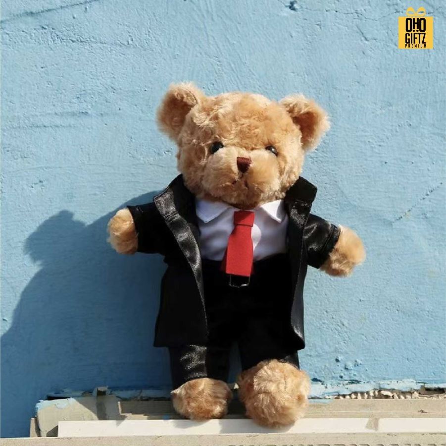 ตุ๊กตาหมีสูทดำ สกรีนโลโก้ ทำเป็นของพรีเมี่ยมได้ 